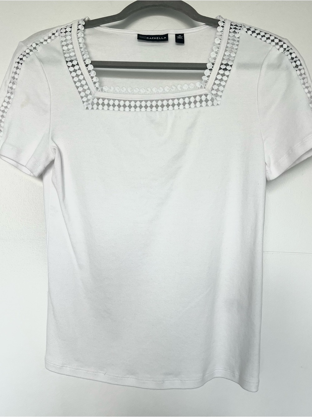 Rafaella White Lace Trim Square Neck Women’s Short Sleeve Top XS